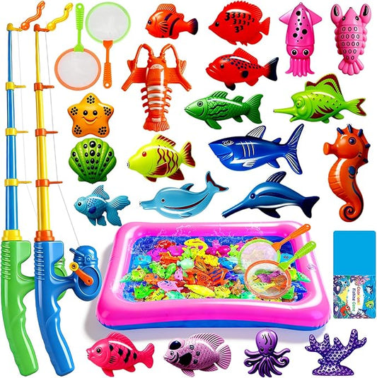 CozyBomB™ Magnetic Fishing Toys Game Set for Kids | Water Table Bathtub Kiddie Pool Party Pole Rod Net, Outdoor Plastic Floating Fish, Toddler Bath Color Ocean Sea Animals Birthday Gift Age 3-5 6 4-8