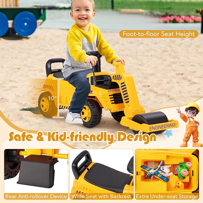 Costzon Ride on Road Roller, Sliding Kids Car with Adjustable Roller, Under-Seat Storage, Anti-Tipping Block & Engine Sound, Construction Vehicle Ride on Push Car for Toddlers Aged 19-36 Months