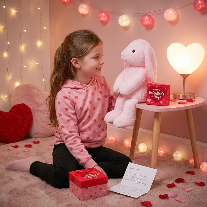 WEIGEDU Pink Rabbit Bunny Stuffed Animal Plush Toy | 17.7“, Floppy Ears, Heart Print, Birthday Nursery Décor, Easter Christmas Bedtime Gift