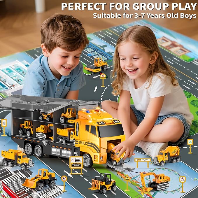 3-5 Year Old Boys Construction Truck Toy Set,6 Die-Cast Mini Toy Cars with Play Mat, Light & Sound Features, Easy Storage,Indoor & Outdoor Play Toys, Birthday Gifts for Boys Girls Kids Ages 3‑8
