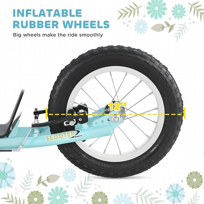 Aosom Kick Scooter with Dual Caliper Brakes, Big Wheels Kick Scooter for Ages 5+, 12-Inch Inflatable Front Wheel, Max Load 220lbs