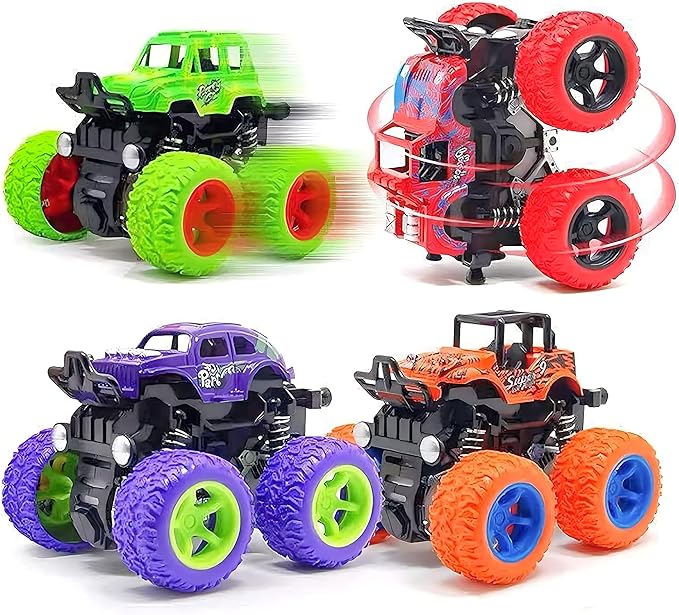 Monster Truck for Boys 3 4 5 6 7 Year Old,4 Pack Push and Go Friction Powered Car Toys, Double-Directions Inertia Pull Back Vehicle Set,Birthday Party Gift for Kids