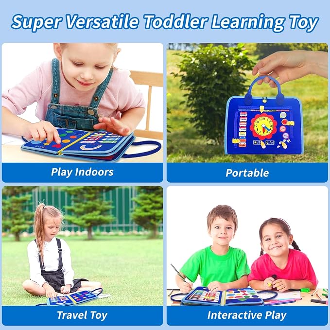 Busy Board for Toddlers 1-4, Montessori Sensory Activity Board with Fine Motor Skills Learning Toys, Travel Toy for Airplane and Car, Educational Gift for Boys and Girls
