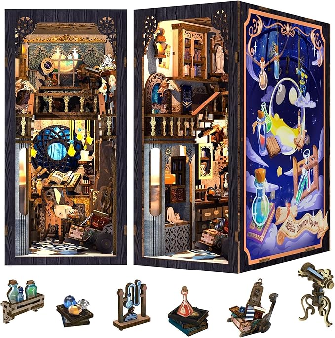 Fsolis Book Nook Kit, 3D Wooden Puzzles for Adults (Nebula Common Room) | DIY Booknook Miniature Decorative Bookends with Light and Dust Cover Gifts for Women Readers Book Lovers