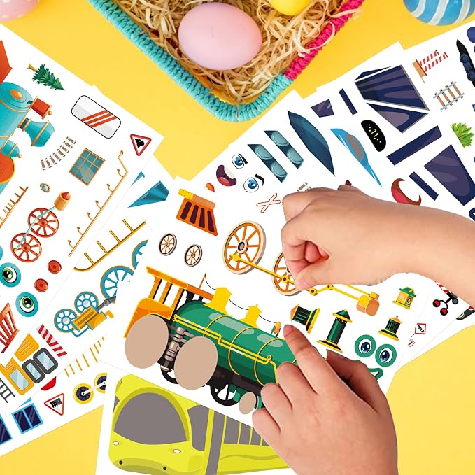 24 Sheets Train Stickers for Kids, Make-a-face Sticker, Make Your Own Train Mix and Match Stickers for DIY Crafts Party Supplies School Activity Reward Birthday Gifts