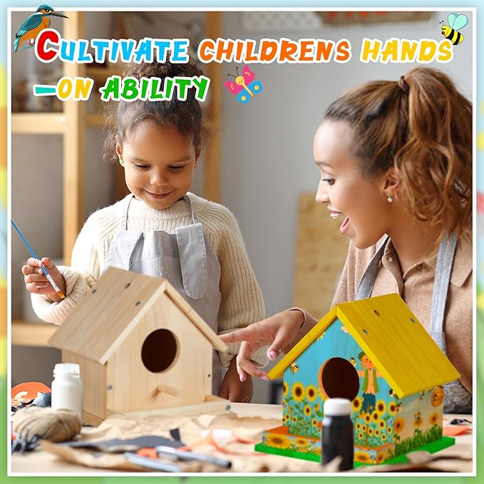 Liliful 8 Sets Wooden DIY Birdhouse Kit, Unfinished Bird Houses with Paints and Paintbrushes, Bird Feeder Craft Arts for Kids Ages 4-8, 8-12, Classroom Activity and Adults Wooden Craft Gifts