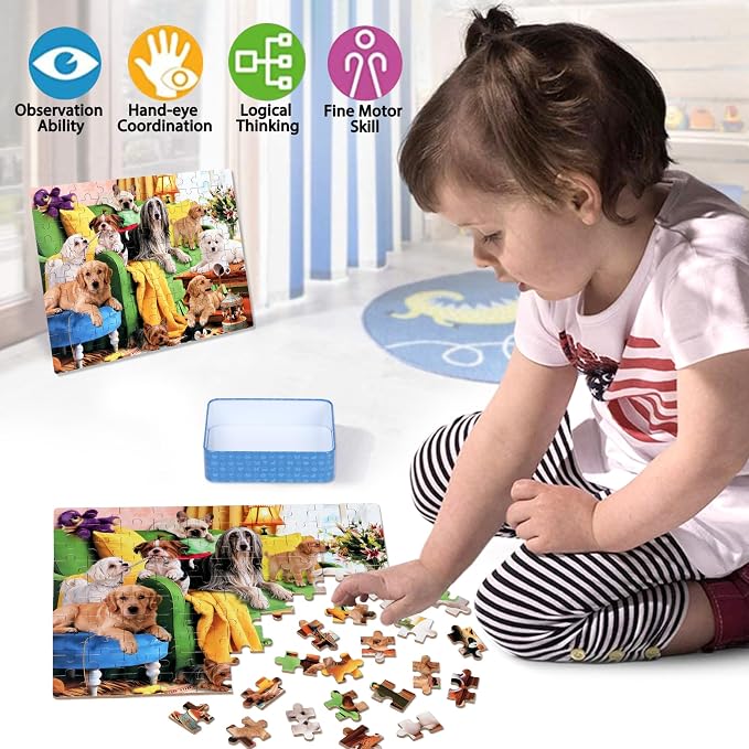 LELEMON Puzzles for Kids Ages 4-6,Playful Dog 100 Piece Puzzles for Kids Ages 6-8 in a Metal Box,Educational Jigsaw Puzzles,Childrens 100 Piece Puzzle Games Puzzle Toys for Girls and Boys