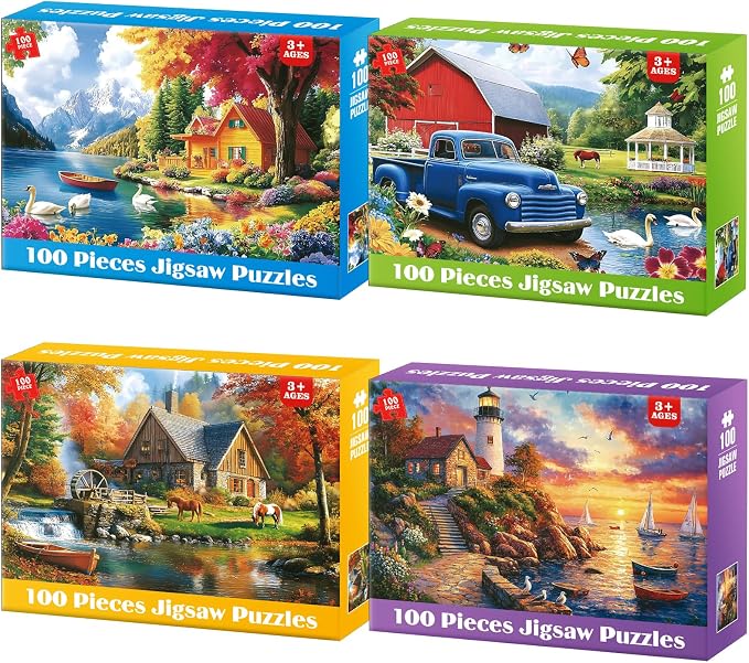 100 Piece Puzzles - 4 Themed Landscapes Large Piece Puzzles for Senior Adults Kids Puzzle Ages 5-8 Jigsaw Puzzle for Kids Ages 4-6 6-8 8-10 Year Old Educational Toys for Girls Boys 4-Pack
