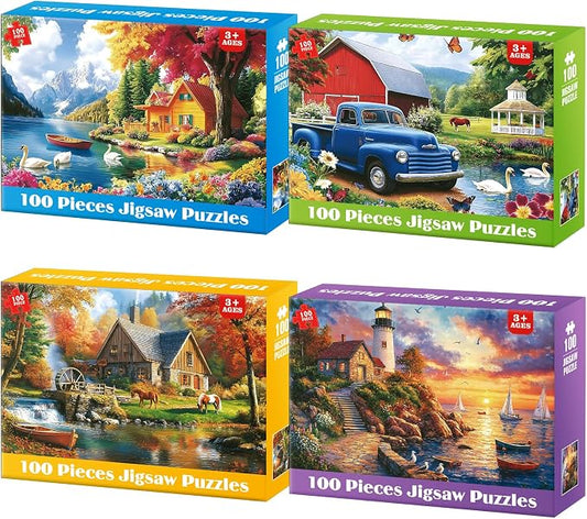 100 Piece Puzzles - 4 Themed Landscapes Large Piece Puzzles for Senior Adults Kids Puzzle Ages 5-8 Jigsaw Puzzle for Kids Ages 4-6 6-8 8-10 Year Old Educational Toys for Girls Boys 4-Pack