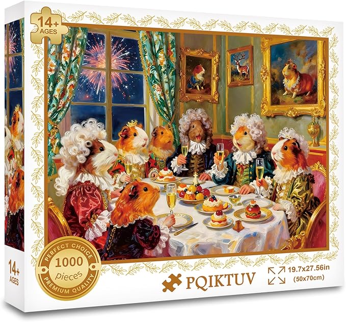 1000 Piece Jigsaw Puzzle for Adults, Whimsical Guinea Pig | Royal Banquet Oil Painting, Impossible Puzzle with Storage Bag, Lovely Wall Decor & Gift for Animal Lovers, 27.56" x 19.7"