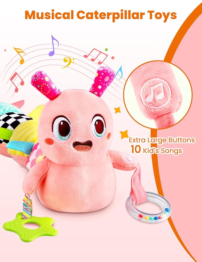 GoGonova Musical Caterpillar Baby Sensory Toy for Infant Development 0-12 Months – Newborn Bath, Car Seat, Stroller & Bassinet Activity Toy & Gift – Tummy Time Crawler & Teether(Pink)