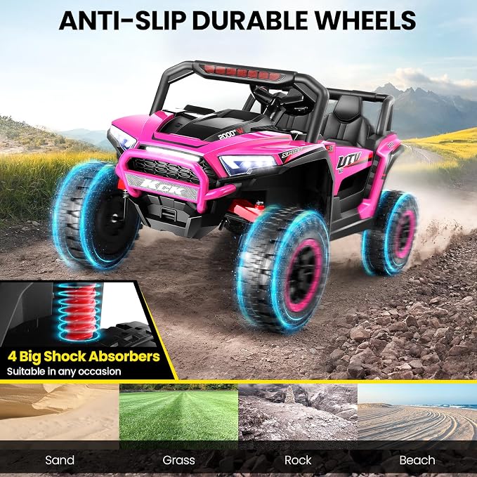 Hikole 24V Ride on Toys for Boys&Girl, 2 Seater Kids UTV with Parent Remote, 400W Battery Motors Operated, XXL Design, Steering Wheels, Easy to Assemble, Dashboard/LED/Horn/Bluetooth, Hot Pink