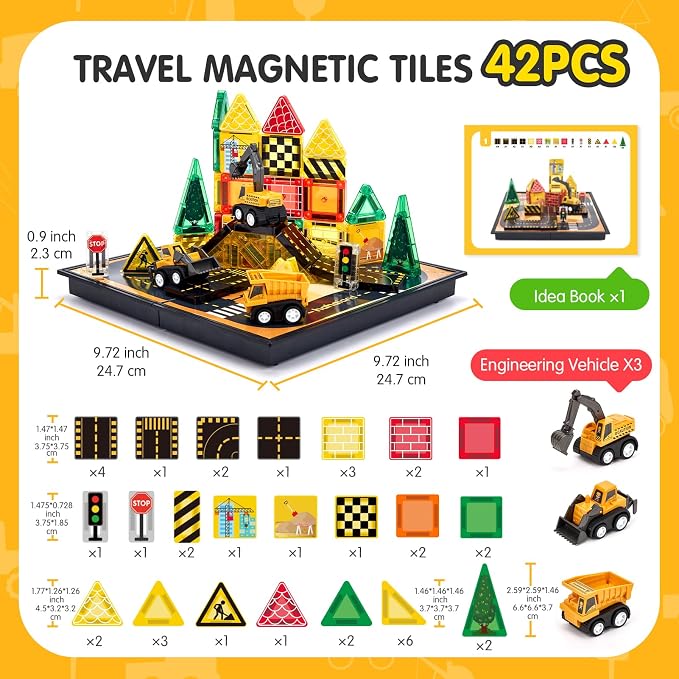 hahaland Mini Magnetic Tiles Travel Road Construction Toys Magnetic Building Blocks with Engineering Vehicles Trucks Case 2-in-1 Road-Themed Box Montessori Birthday for 3-6 Year Old Toddler