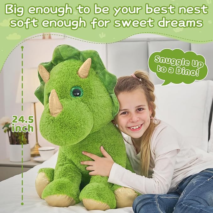 Muiteiur Triceratops Stuffed Animal, Giant Dinosaur Mommy Stuffed Animals with 3 Little Babies, Green Soft Plush Dinosaur Toy Gift for Kids 24.5 inch