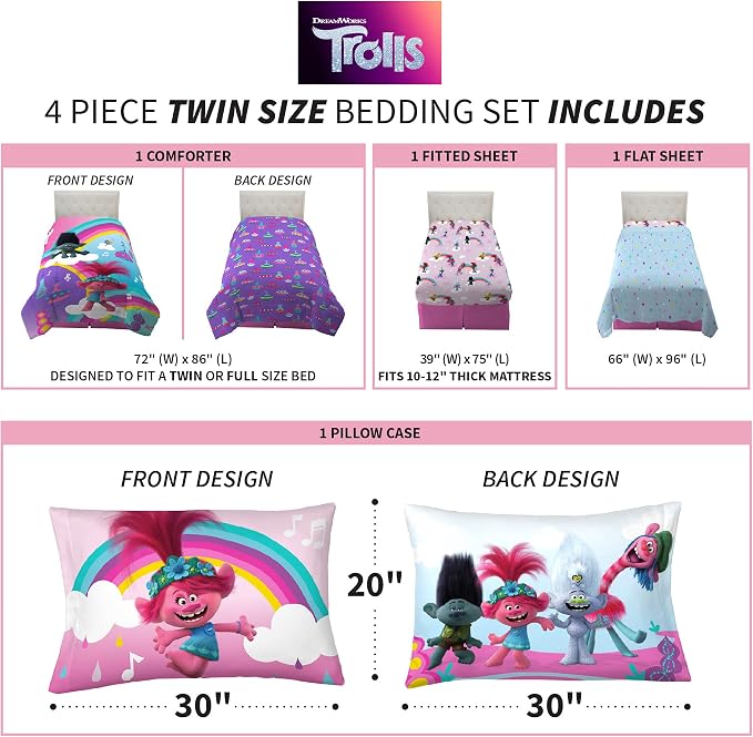Franco Kids Bedding Super Soft Microfiber Comforter and Sheet Set, 4 Piece Twin Size, Trolls World Tour