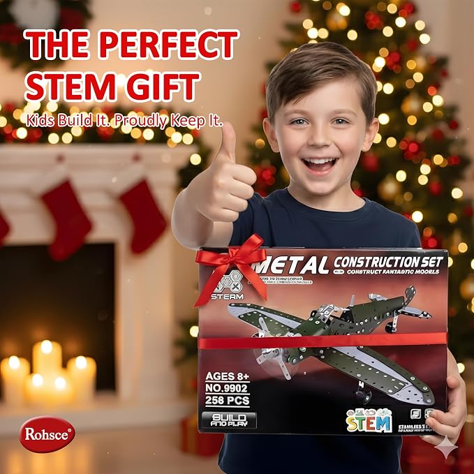 Metal Model Airplane Building Toys for Boys & Girls Ages 8-16, 285 Pieces DIY STEM Construction Kits, Educational Engineering Science Plane Set, Vintage Aircraft Vehicle Gift for Kids & Adults