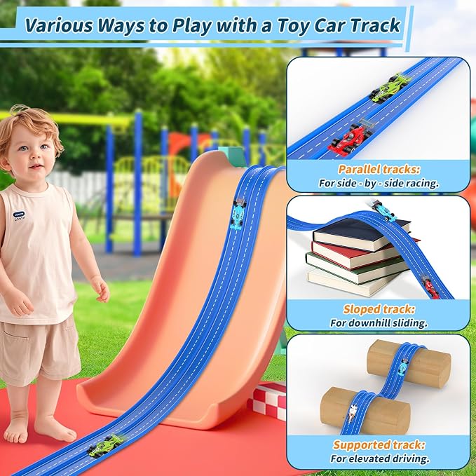 20Ft Flexible Race Track, Slot Car Race Track Set for Kids Ages 3+, Dual Racing Game 2 High-Speed Cars 1/64 Scale, w/8 Suction Cups, 4 Alloy Cars– Ideal Easter Birthday Gift for Boys & Girls (Blue)
