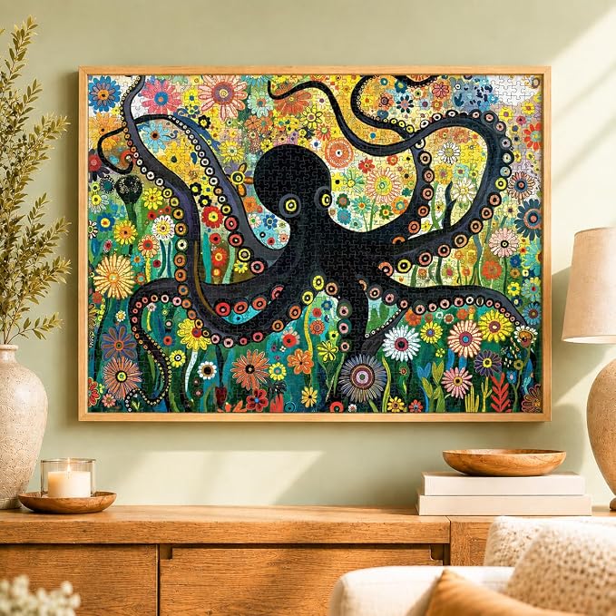 Cross & Glory - The Octopus Who Grew Flowers - 1000 Piece Jigsaw Puzzle for Adults | Vibrant Octopus and Floral Artwork | Challenging Puzzle for Adults | Eco-Friendly Materials