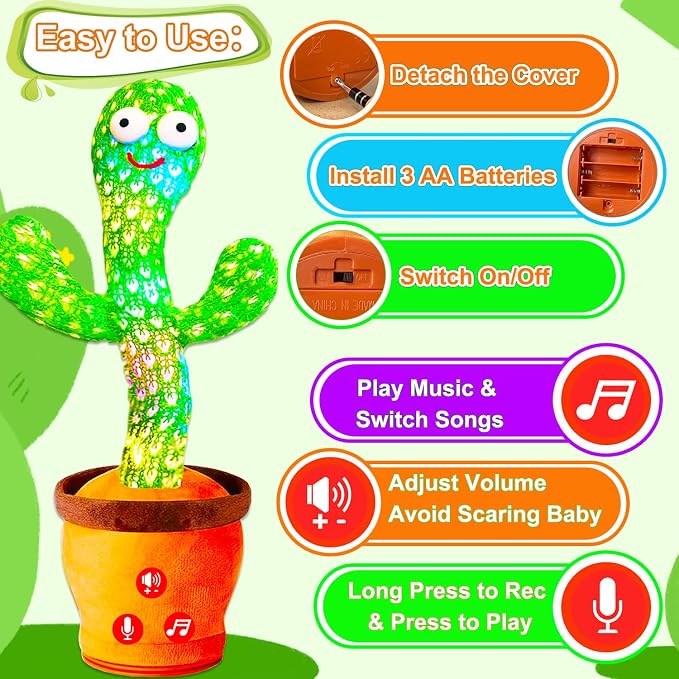 Baby Toys Interactive, Dancing Talking Cactus Toy Volume Adjustable, Singing Mimicking Repeating Recording, Funny Cactus Sings 50+ English Songs, Toys for Baby Toddler, 1 Year Old Gifts for Boys Girls