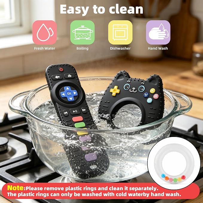 Chuya Baby Toys Baby Remote Control Teething Toys,2 Pack Silicone Teether Rattles for 0 6 12 24 Months Infants, Sensory Development Teething Relief,Black