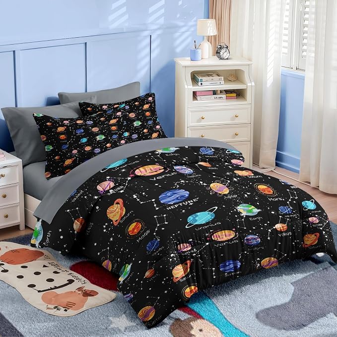 Nesker 7 Pcs Comforter Set Full Size, Cute Space Galaxy Bedding for Kids Teen, Planets Moon Stars with Fitted Sheet 2 Pillowcases & 2 Shams for Bedroom Bed Decor