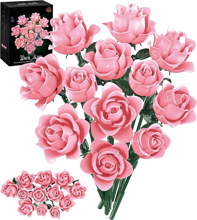 Pink Roses Flower Bouquet Building Set, Artificial Flowers Botanical Collection Compatible with Lego Flowers for Adults Christmas Anniversary Valentines Day Gifts