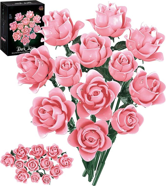 Pink Roses Flower Bouquet Building Set, Artificial Flowers Botanical Collection Compatible with Lego Flowers for Adults Christmas Anniversary Valentines Day Gifts