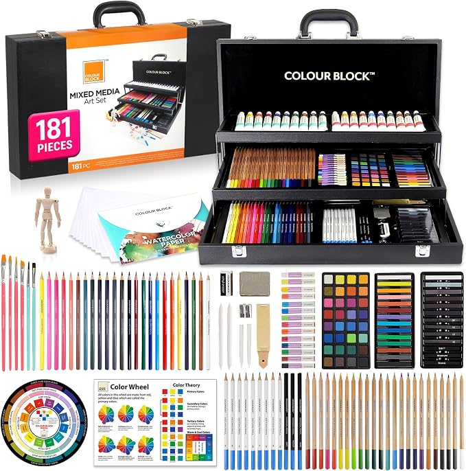 COLOUR BLOCK 181-Piece Mixed Media Art Set in PU Leather Case for Drawing Sketching Painting, Soft Oil Pastels, Acrylic Watercolor Paints, Pencils, Art Supplies Kit for Artists, Professional, Adults, Beginner