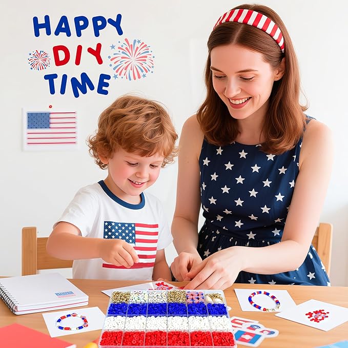 Redtwo 4th of July Red White and Blue Clay Beads Bracelet Making Kit with USA Letter Beads, Patriotic Beads for Jewelry Making for Independence Veterans Day Party Favors, DIY Gifts with America Flag.