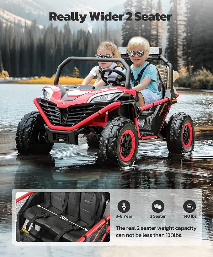 ELEMARA 24V Ride on Car for Kids, 2 Seater XL 20" Seat Ride on Toy, 10AH 4WD Battery Powered 4.5MPH Electric Car with Remote, 3 Speeds, Music Gift for Ages 3-8