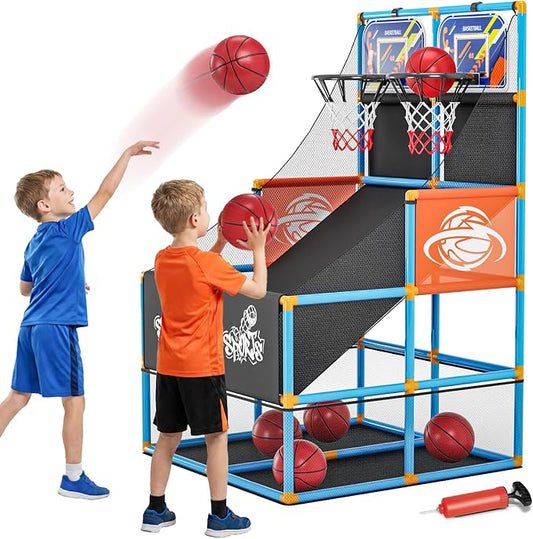 Dual Shot Arcade Basketball Game Set Boy Toys:Kids Basketball Hoop with 6 Balls Electronic Scoreboard LED Light Indoor Outdoor Sports Toy Activities for Boys Girls Birthday Gifts Aged 3-5 6-8 8-12