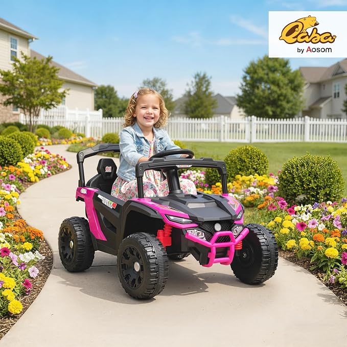 Qaba 12V Kids Ride On Car Truck, Battery Powered Electric UTV Vehicle with Rear Suspension, Remote Control, LED Lights, Music, Horn, Speed Up to 3.1 mph, for 3-5 Years Boys Girls, Pink