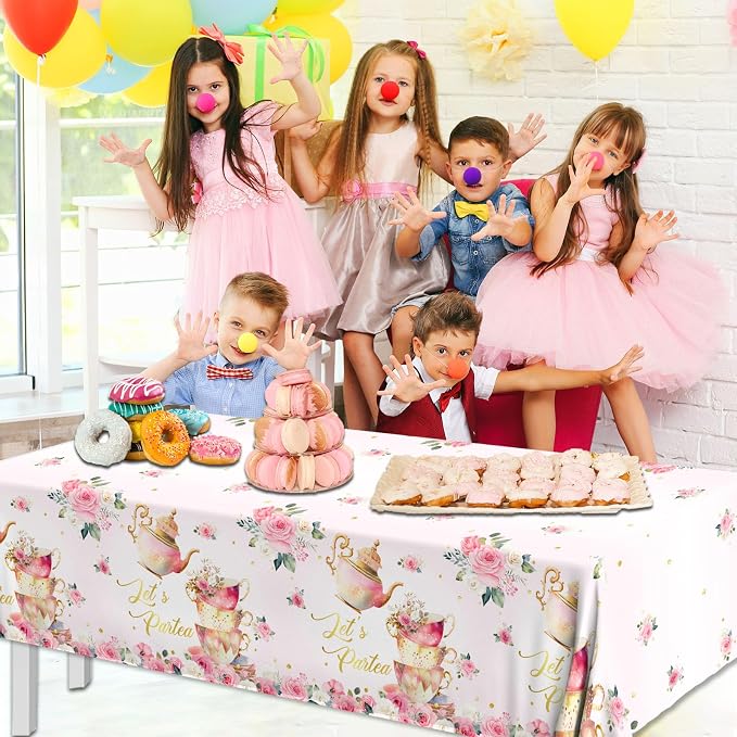 Pink Floral Tea Party Tablecloth, Girls Tea Party Birthday Supplies 3pcs Let's Partea Spring Disposable Table Cover for Baby Shower, Floral Birthday Decorations