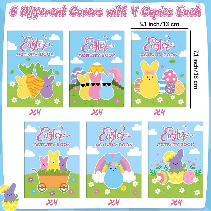 Easter Bunny Activity Books for Kids - 24Pcs Happy Easter Mini Games Coloring Book Set Rabbit Theme Bulk Mazes Word Search Word Scramble Games for School Classroom Spring Holiday Party DIY Favor