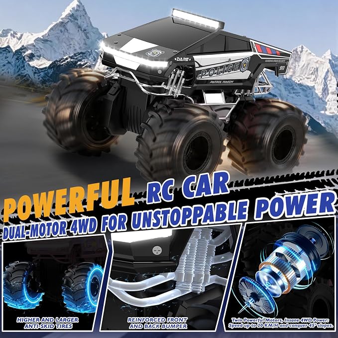 Qrytoi Police Cyber Remote Control Car, 1:18 Amphibious RC Car for Boys and Girls, 2.4GHz Waterproof Monster RC Car with 2 Rechargeable Batteries, Remote Control Truck Toys for Kids 6+