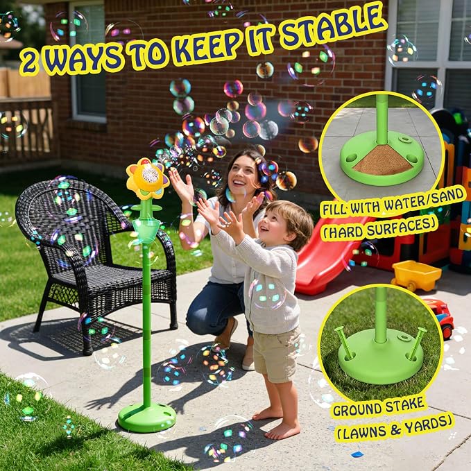 AIERSA Flower Bubble Stand Machine,Sunflower Bubble Maker with Lights, Tall Adjustable Rechargeable Automatic Bubble Blower for Outdoor Backyard Party