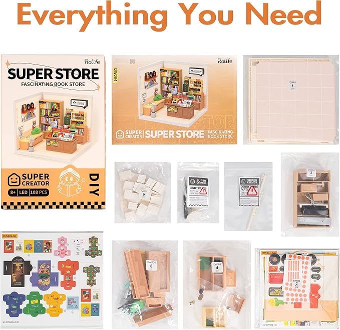 Rolife LED Building Blocks for Adults,1:24 Toy Building Sets,Model Building Kits for Kids Ages 8-12-15,DIY Miniature Dollhouse Kits for Adults,Hobbies for Women Men (3.Fascinating Book Store)