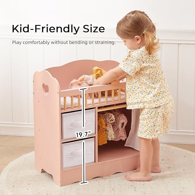 OOOK Baby Doll Crib, Wooden Baby Doll Bed and Changing Table, Dollhouse Furniture with Two Storage Box, Bedding and Coat Hangers, Nursery Playset Suitable for Dolls Under 22 Inches, Pink