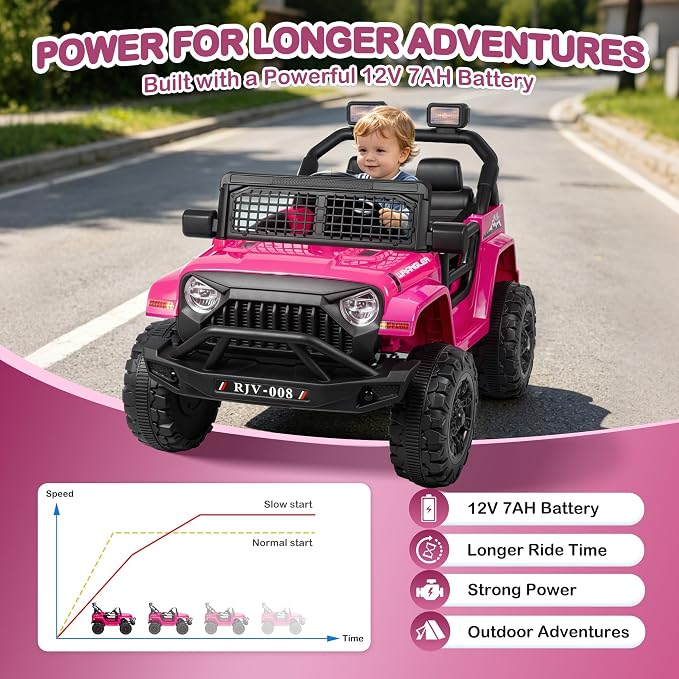 12V 7AH Kids Ride-On Truck Jeep, Electric Car with Parent Remote Control, Spring Suspension, LED Lights, Bluetooth, Music, Pink