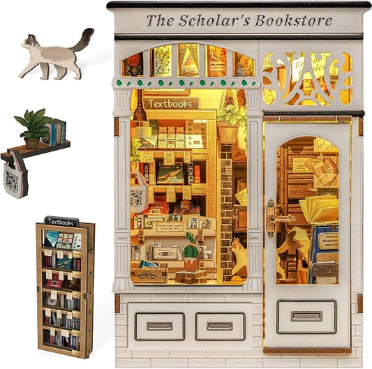 Fsolis Book Nook Kit - DIY Miniature House Kit with Cat | Booknook Bookshop 3D Wooden Puzzles for Adults Tiny Building Kit Gifts for Women Book Lovers (The Scholar's Bookstore)