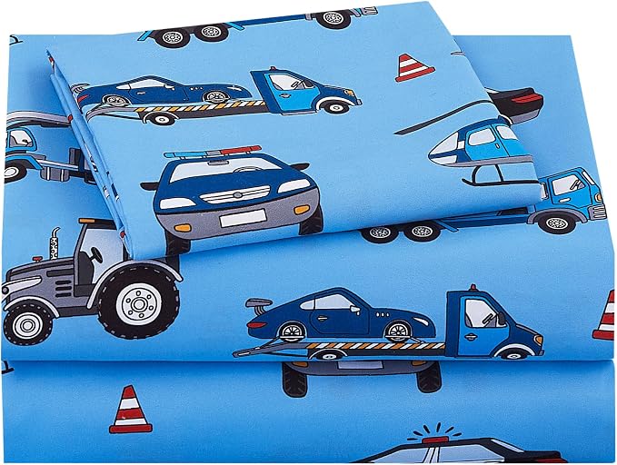 Viviland 3 Pieces Boys Police Car Twin Sheet Set - Soft Microfiber Fitted Flat Sheets & Pillowcase Bed Sheet Set - Blue Airplane Print Bedding Sets for Kids