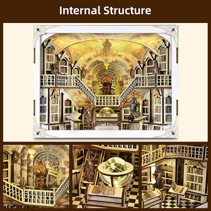MiniCity DIY Book Nook Kit for Adults, 3D Wooden Puzzle Bookend Bookshelf Insert Decor with LED Light and Dust Cover (Library of Gods Max)