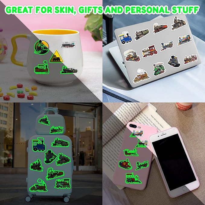 96 PCS Vintage Train Pre-Cut Temporary Tattoos Themed Birthday Party Supplies Favors Decorations Decor Steam Trains Railroad Tattoo Stickers Gifts For Boys Girls Class Prizes Carnival (Glow)