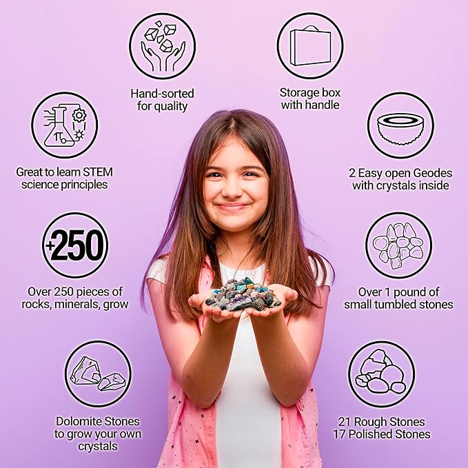 DANCING BEAR Rock, Mineral & Geodes Treasure Hunt Activity Kit (250 Pc Set) Real Shark Teeth Fossils, ID Sheet & Rock Book, STEM