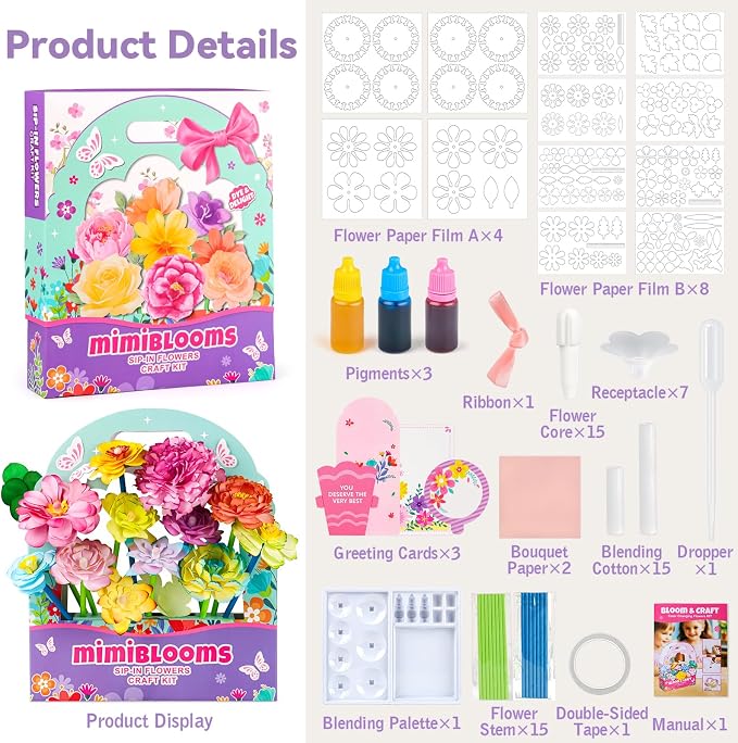 Mimiblooms Paper Flowers Science Kit for Girls, Magic Flower Paper Color Science Dyeing Kit, Arts&Crafts for Kids Age 8-12, Science Experiments Color Changing for Girls 6 7 9 10 11 yr Mother's DayGift