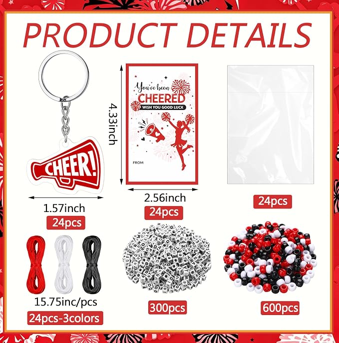 Suncalla 996 Pcs 24 Set Cheer Keychain Making Kit DIY Key Chain Crafts Cheerleader Gifts Cheerleading Bag Charms Adjustable Letter Beads Cards Strings Red Kit for Backpack Team Gift Sport Accessory