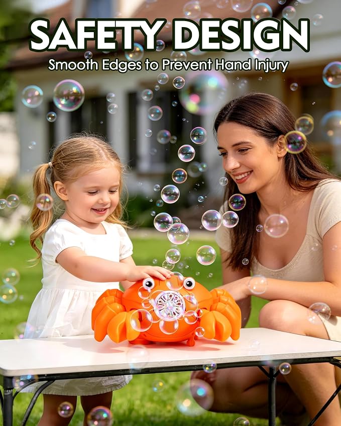 Crab Bubble Machine for Kids, Rechargeable 360-Degree Moving Bubble Maker with Lights and Music, Obstacle Avoidance, USB-C Cable, 2 Bubble Solutions, Outdoor Birthday Toy Ages 3+