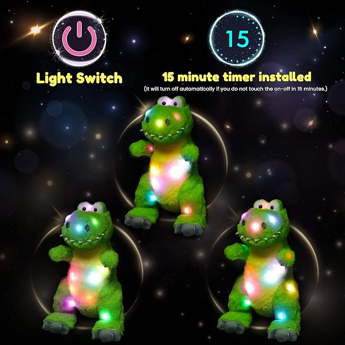 Hopearl LED Plush Dinosaur Lighting Up T-Rex Stuffed Animal Floppy Night Lights Glow in The Dark Birthday Festival for Kids Toddler Girls, Green, 12.5''