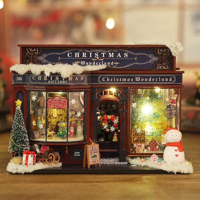 fifijoy Christmas Miniature Dollhouse Kit, DIY Dollhouse Miniature House Kit for Adults, Tiny House Kits Mini Model Building Sets with Music (Christmas Wonderland)