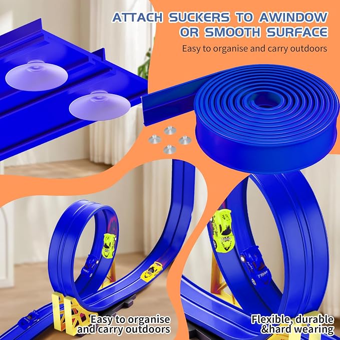 20ft Build Anywhere Portable Race Track with Suction Cups - Flexible Roll-Up Design Fits 1/64 Scale Cars, Portable Toy Gift for Kids 4+ Year Old (2 Tracks/Blue)
